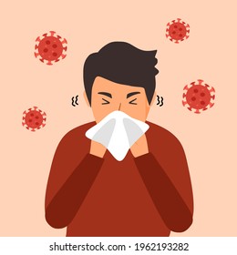 A man cover his sneeze with handkerchief vector illustration. Sneezing man in red t-shirt with virus cells around. Covid-19 coronavirus disease symptom. Season allergy.