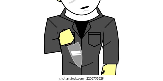 Man With Coveralls Holding A Knife. Cartoon Serial Killer With A White Mask. Slasher Horror Chibi Person Illustration.