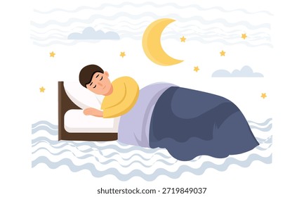 Un hombre cubierto con una manta duerme en la cama bajo el cielo estrellado. La Imagen es perfecta para diseñar artículos sobre el sueño saludable y la recuperación. Vector