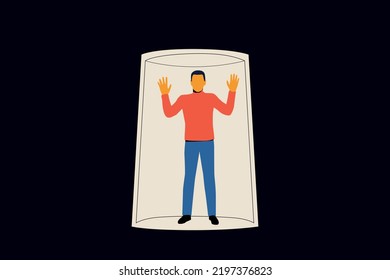 The man is covered with a glass. Man in an enclosed space, restrictions on freedom. Vector graphics