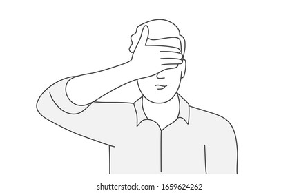 Man covered his eyes with his hand. Hand drawn vector illustration.