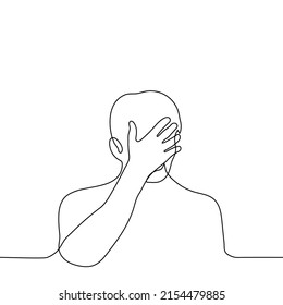 Man Covered His Face With His Hand - One Line Drawing Vector. Concept Of Facepalm, Cringe, Desperate Crying