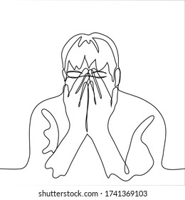 The man covered his face with his hands. A sad / tired / disappointed guy folded his hands on face and closed eyes. One continuous line drawing chagrin, annoyance, failure, cry, tired