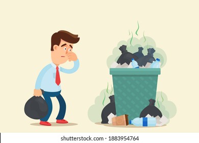 The man covered his nose from the stench near the overflowing trash can. Problem with the removal of household waste. Vector illustration, flat, cartoon comic style, isolated.