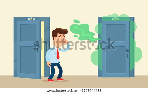 Man covered nose with
hand because of the strong stench from the neighbor's apartment.
Very stinking smell in the house. Vector illustration, flat design,
cartoon.