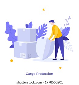 Man covering boxes with shield. Concept of cargo protection, secure delivery, shipment or transportation, safety in shipping process or freight operations. Modern flat vector illustration for poster.