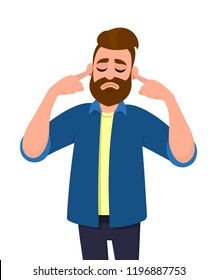 Man covering ears with fingers with annoyed expression for the noise of loud sound or music while eyes closed isolated standing in white background. Concept illustration in vector cartoon style.