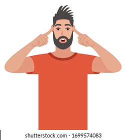 Man covering ears with fingers with annoyed expression for the noise of loud sound or music while standing. Hipster doesn't want to listen. Vector illustration in cartoon style.