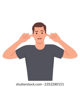 Man covering ears with fingers with annoyed expression for the noise of loud sound or music. Flat vector illustration isolated on white background