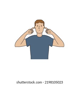 Man covering ears with fingers. Covering ears and silence concept. 