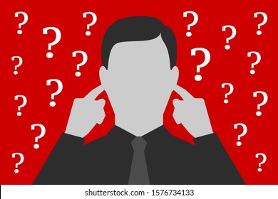 Man is covering ears with hands, not wanting to listen asked questions and resolve problems, being tired and overworked, having stress, over depressive red background. Concept of ignoring of problems