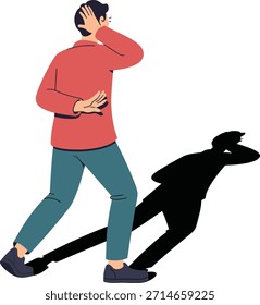 Hombre que cubre las orejas con las manos y la sombra con la cabeza hacia abajo