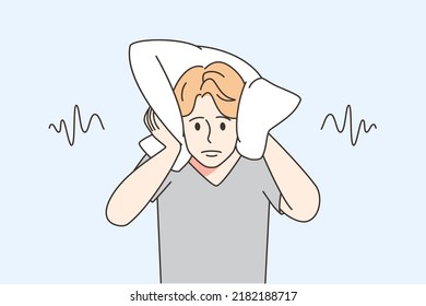 Man covering ears with pillow unable to stand noise. Unhappy male avoid loud and noisy neighbors. Vector illustration. 