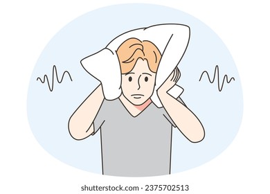 Man covering ears with pillow unable to stand noise. Unhappy male avoid loud and noisy neighbors. Vector illustration.