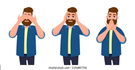 Man covering eyes, ears and mouth with hands as looking like the three wise monkeys. Don't see, don't hear and don't speak concept illustration in vector cartoon style.