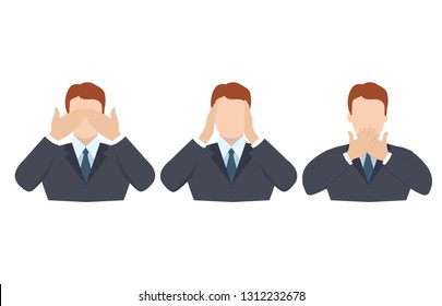 Man covering eyes, ears and mouth with hands as looking like the three wise monkeys. Don't see, don't hear and don't speak concept illustration in vector cartoon style.