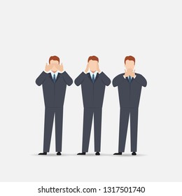Man covering eyes, ears and mouth with hands as looking like the three wise monkeys. Don't see, don't hear and don't speak concept illustration in vector cartoon style.