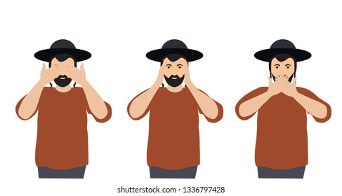 Man covering eyes, ears and mouth with hands as looking like the three wise monkeys. Don't see, don't hear and don't speak concept illustration in vector cartoon style.