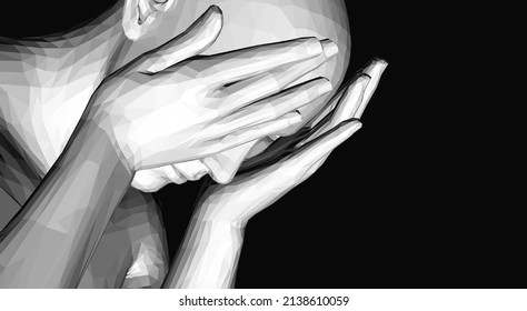 Man covering face with both hands. Human emotions, reaction and body language. Concept of fear, domestic violence, despair or anxiety. 3D Vector illustration. 