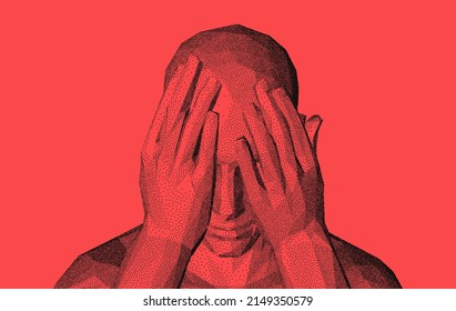 Man covering face with both hands. Human emotions, reaction and body language. Concept of fear, domestic violence, despair or anxiety. 3D Vector illustration. 