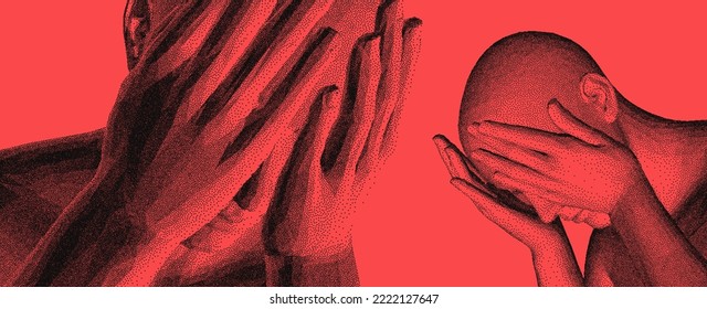 Man covering face with both hands. Human emotions, reaction and body language. Concept of fear, domestic violence, despair or anxiety. 3D Vector illustration. 