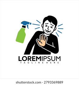 Man covering face from green spray bottle with blue nozzle and lines indicating fumes causing discomfort vector graphic illustration