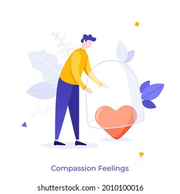 Man covering heart with glass dome. Concept of compassion feelings, loving-kindness, empathy or sympathy, mercy, pity, care or protection. Modern flat colorful vector illustration for poster, banner.