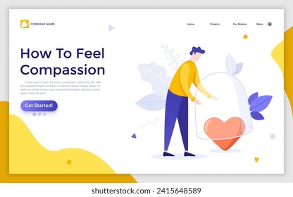 Man covering heart with glass dome. Concept of compassion feelings, loving-kindness, empathy or sympathy, mercy, pity, care or protection. Modern flat colorful vector illustration for poster, banner.