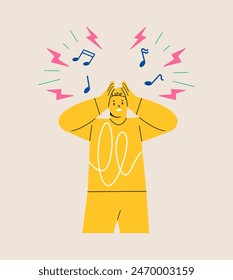 Man covering his ears with his hands. Colorful vector illustration