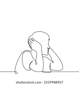 man covering his ears with his hands while sitting at the table - one line art vector. concept Hyperacusis, Ear pain, unwillingness to hear, ignore. Handmade vector not AI