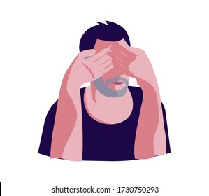 Man is covering his eyes with hands portrait. Not see or look no evil metaphor isolated on white. Flat Art Vector Illustration