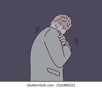 man covering his mouth with his hands and round eyes experiencing deep amazement and fear. Hand drawn style vector design illustrations.