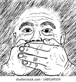 A man covering his mouth in protest. Hand drawn vector illustration.