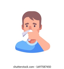 Man covering his nose and mouth when sneezing. Infection prevention flat illustration