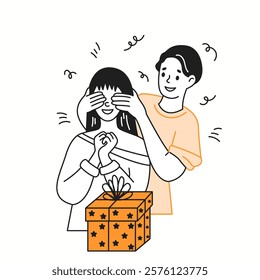 Man covering woman eyes preparing surprise for birthday color linear icon. Young couple celebrating b-day characters doodle simple illustration