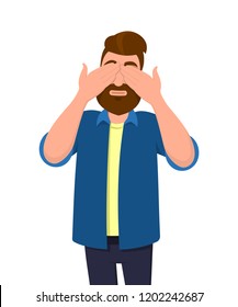 Man covering/closing his eyes with hands and making a don't see gesture. Man does not want to see. Concept illustration in vector cartoon flat style.