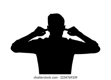 man covers ears silhouette or man covers his ears with his hands. the man covered his ears with his hands. Man Covering ears from sound distraction. For content related to sound interference.