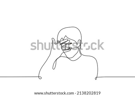 man covers face with palm but spreads fingers and peeps - one line drawing vector. concept of guilty pleasure, unwillingness to look, close one's own eyes