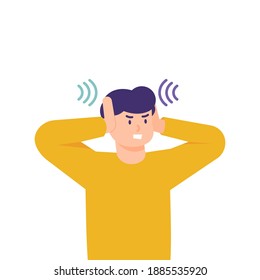 a man covers his ears with his hands to avoid disturbance of sound. illustration of the expression of a person who feels uncomfortable or disturbed. flat style. vector design elements