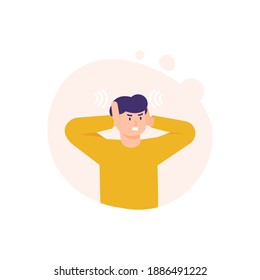 a man covers his ears with his hands to avoid disturbance of sound. illustration of the expression of a person who feels uncomfortable or disturbed. flat style. vector design elements