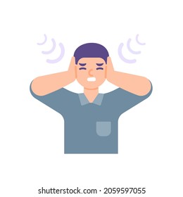 a man covers his ears with his hands to avoid disturbance of sound. illustration of the expression of a person who feels uncomfortable or disturbed. flat cartoon style. vector design elements