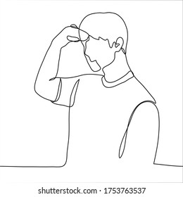 A man covers his eyes from the sunlight. One continuous line art of a young guy looking at something in the distance, closing his eyes from the bright light