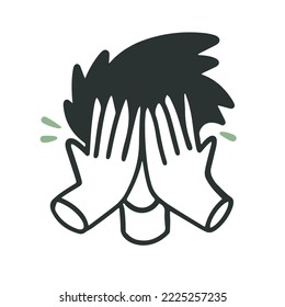 El hombre se cubre la cara con las manos. Facepalm. Jefe de un hombre en estrés, ansiedad, depresión. Cuida tu salud mental. Estilo de caricatura de dibujos animados con contorno vectorial.