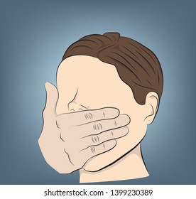 man covers his mouth with his hand. violence, fear. vector illustration.