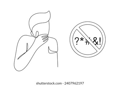 The man covers his mouth so as not to swear. Nearby there is a sign prohibiting profanity. International Day Against Swearing. Images produced without the use of any form of AI software at any stage. 