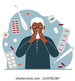 A man covers his nose with his hands with a handkerchief. The concept of a cold person, seasonal allergies. Lots of medicines and thermometers. Vector flat illustration.