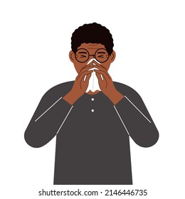 A man covers his nose with his hands with a handkerchief. The concept of a sick person, sneezing, seasonal allergies, bad smell. Vector flat illustration.
