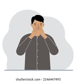 The man covers his nose with his hands. The concept of a sick person, sneezes, seasonal allergies, bad smell. Vector flat illustration.