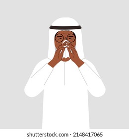 A man covers his nose with his hands with a handkerchief. The concept of a sick person, sneezing, seasonal allergies, bad smell. Vector flat illustration.
