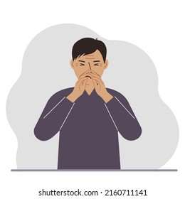 El hombre se cubre la nariz con las manos. El concepto de enfermo, estornudos, alergias estacionales, mal olor. Ilustración plana vectorial.